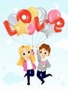 Cheerful boy and girl are holding air balloons. Boy holds the flowers. Flat style. Vector illustration Royalty Free Stock Photo