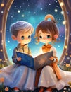 cheerful boy with a girl reading a storybook