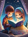 cheerful boy with a girl reading a storybook