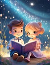 cheerful boy with a girl reading a storybook