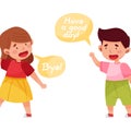 Cheerful Boy and Girl Saying Good-by to Each Other Vector Illustration