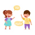 Cheerful Boy and Girl Saying Hello to Each Other Vector Illustration