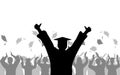 Cheerful boy graduate on background of joyful crowd of students people throwing mortarboards or academic caps, silhouette. Vector