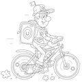 Funny courier riding a bike with a large backpack
