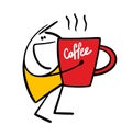 Cheerful boy with a huge red cup of coffee is coming from a cafe. Vector illustration of a hot drink, high energy and a