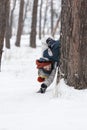 Cheerful boy peeks out from behind tree. Child in knitted hat walks through winter snow-kept park. Vertical frame Royalty Free Stock Photo