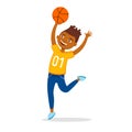 Cheerful boy playing basketball and jumping vector flat illustration isolated on white background. Cute Afro American