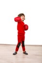 Cheerful boy showing fist in boxing gloves Royalty Free Stock Photo