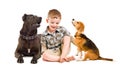Cheerful boy sitting with two dogs Royalty Free Stock Photo