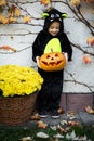 Cheerful Boy wearing in Halloween bat vampire costume Royalty Free Stock Photo