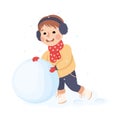 Cheerful Boy Wearing Warm Scarf and Earmuffs Pushing Snowball for Building Snowman Vector Illustration