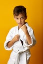 Cheerful boy in white kimono smiling at camera Royalty Free Stock Photo