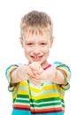 Cheerful boy 10 years old on a white background Royalty Free Stock Photo