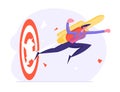 Cheerful Brave Businessman Punch Through Huge Target with Jet Pack on Back. Male Office Worker Manager Employee Flying