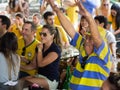 Cheerful Brazil Fans Watching World Cup Football Match on TV at a Bar