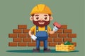 A cheerful bricklayer stands confidently at a construction site, holding a brick and ready to work, surrounded by materials and a Royalty Free Stock Photo