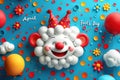 Cheerful, bright card with a clown. Concepts of April Fool's Day or April Fool's Day.