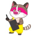 Cheerful and bright raccoon character with a graphic tablet and a stylus draws on a white background