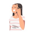 Cheerful Brunette Girl Talking on Phone, Happy Young Woman Using Smartphone for Communication Cartoon Vector