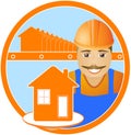 Cheerful builder with house in round Royalty Free Stock Photo