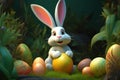 Cheerful Bunny with Easter Eggs in the Garden. Generative AI.