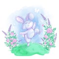 A cheerful bunny jumps among beautiful flowers on a green meadow