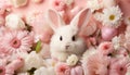 Cheerful bunny with sunglasses in floral setting on solid backgroundstudio shot with text space.