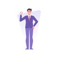 Cheerful business guy tie suit performing mobile phone screen banking application vector