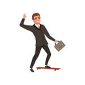 Cheerful business man riding on skateboard and waving hand. Cartoon young guy in classic black suit with red tie. Office Royalty Free Stock Photo