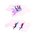 Cheerful Business Men and Women Flying with Jet Packs on Back. Office Workers Fly Up by Rocket Take Off the Ground Royalty Free Stock Photo