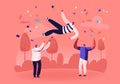 Cheerful Business Team or Good Friends Tossing in Air Man with Festive Confetti around. Businesspeople Celebrate Victory Royalty Free Stock Photo
