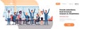 Cheerful business team sitting together people group successful teamwork concept man woman raised hands modern office