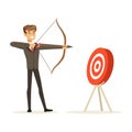 Cheerful businessman aiming target with bow and arrow vector Illustration Royalty Free Stock Photo