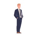 Cheerful businessman dressed in business clothes standing with hands in his pockets cartoon vector illustration