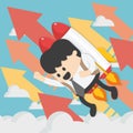 Cheerful businessman flying off with jet pack vector flat illustration on blue sky background on grossing arrow