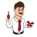 Cheerful businessman holding a key and a model car, vector illustration