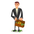 Cheerful businessman holds a briefcase of money