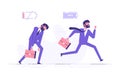 Cheerful businessman running with full of energy battery icon and tired businessman slowly walking with low energy battery icon.