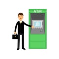 Cheerful businessman standing next to ATM terminal with briefcase in hand. Client of bank. Cartoon male character in