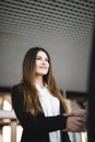 Cheerful businesspeople, or businesswoman and client handshaking Royalty Free Stock Photo