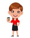 Cartoon business woman having a coffee break. Cheerful businesswoman cartoon character.