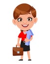 Cartoon business woman holding briefcase and arrow. Cheerful businesswoman cartoon character. Royalty Free Stock Photo