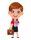 Cartoon business woman holding briefcase. Cheerful businesswoman cartoon character. Royalty Free Stock Photo