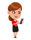 Cartoon business woman using smartphone. Cheerful businesswoman cartoon character.