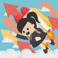 Cheerful businesswoman flying off with jet pack vector flat illu