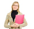 Cheerful businesswoman with glasses folder