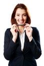 Cheerful businesswoman woman holding pen Royalty Free Stock Photo
