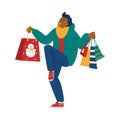 Cheerful buyer shopping for Christmas, flat vector illustration isolated.