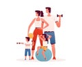 Cheerful c. Parents and children are standing nearby and holding dumbbells and balls. The concept of a healthy lifestyle