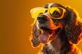 A cheerful canine donning shades shone brightly on a studio backdrop